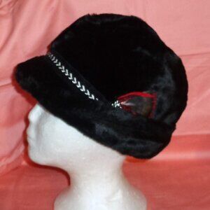 Elegant Black Faux Fur Hat with Red Detail